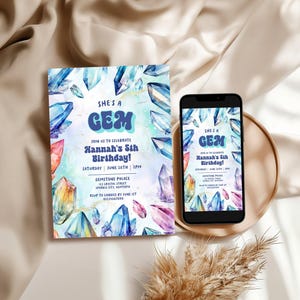 Crystal Gemstone Birthday Invitation - &#39;She&#39;s a Gem&#39; Purple Blue Retro, Rainbow Geology Geode, Kids Party Decor, Editable & Printable: CGS1