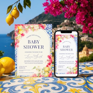 Lemon Bougainvillea Baby Shower Invitation - Editable Printable Summer Citrus Italian Mediterranean Party Decor Digital Invite Template MP22