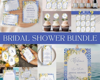 May include: A bridal shower bundle featuring a lemon and blue tile design. The bundle includes invitations, place cards, games, signs, and a welcome sign. The welcome sign reads "Welcome to Laura Smith's Bridal Shower".