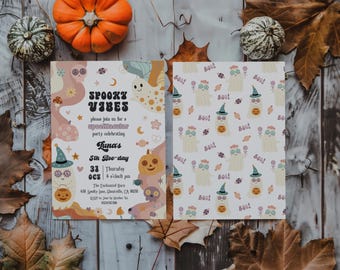 May include: A Halloween party invitation with a spooky vibes theme. The invitation features a ghost with a witch hat and a pumpkin. The text on the invitation reads "Spooky Vibes" and "Luna's 5th Boo-day".