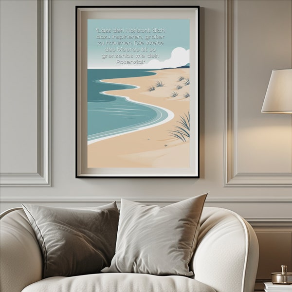 Strand am Meer Vector Art - "Lass den Horizont dich inspirieren" - Motivationale Wanddekoration