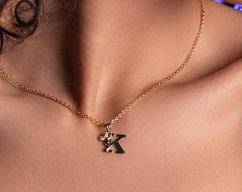 Collar colgante de letra de ángel de oro de 14k, collar de letra inicial personalizado, collar de ángel, collar de letras minimalista, joyería personalizada