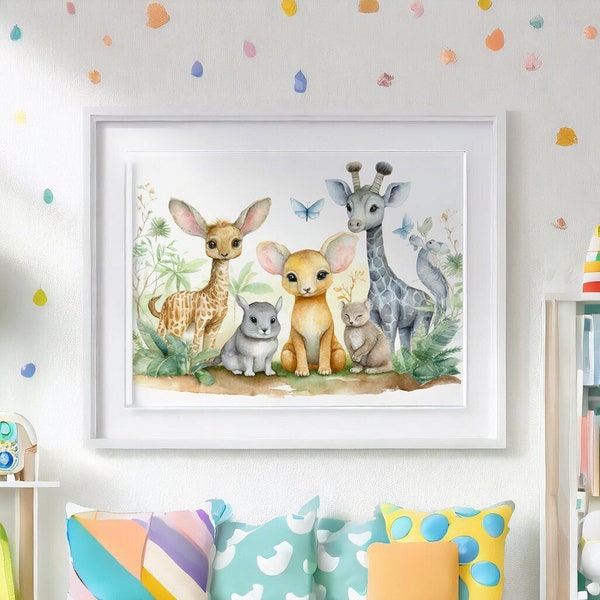 Imaginary Pals, Set of 4 Digital Posters for Kids' Rooms, Watercolor Cute animals, Girls Room Decor, Digital Download, Nursery Wall Print