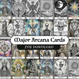 Op de afbeelding: Een set van 22 tarotkaarten met zwart-wit illustraties van skeletten, engelen en andere figuren. De kaarten zijn gelabeld met de namen van de grote arcana, zoals "De Tovenaar", "De Wereld" en "Het Oordeel". De kaarten zijn gerangschikt in een rasterpatroon op een witte achtergrond. De tekst "Major Arcana Cards" en "PDF Download" wordt bovenaan de afbeelding weergegeven.