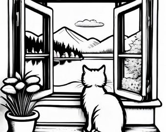 Katt i fönster - Digital målarbokbild