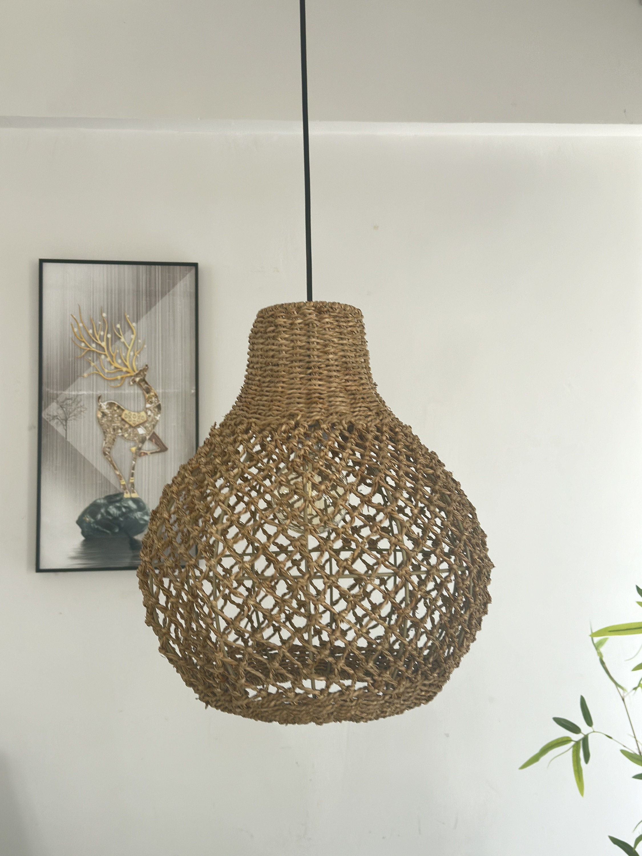 Rustic Farmhouse Rattan Pendant Light,wicker Basket Lamp Shade,hanging