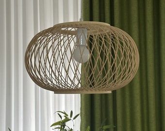 Bohemian Rattan Pendant Light,Natural Rattan Hand-Woven Lampshade,Coastal Style Chandelier for Kitchen Island