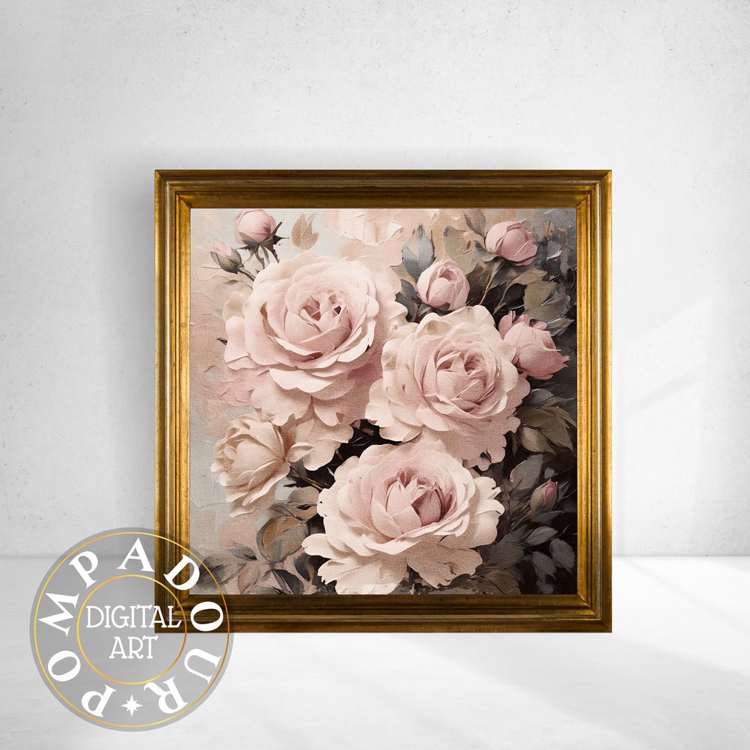 Printable Vintage Pink Roses Digital Art Paint Oil Style Wall Art ...