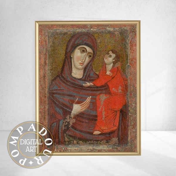 Vintage Icon of the Virgin and Child | Byzantine Icon | Houses Art | Vintage Oil Painting Wall Decor