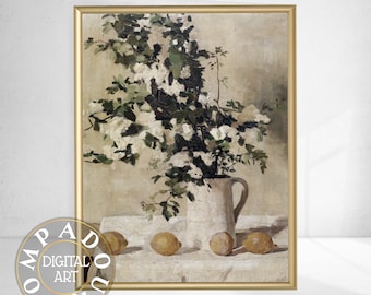 Neutral Flowers Printable Art | Antique Still Life | Floral Painting | Neutral Oil Painting Wall Decor