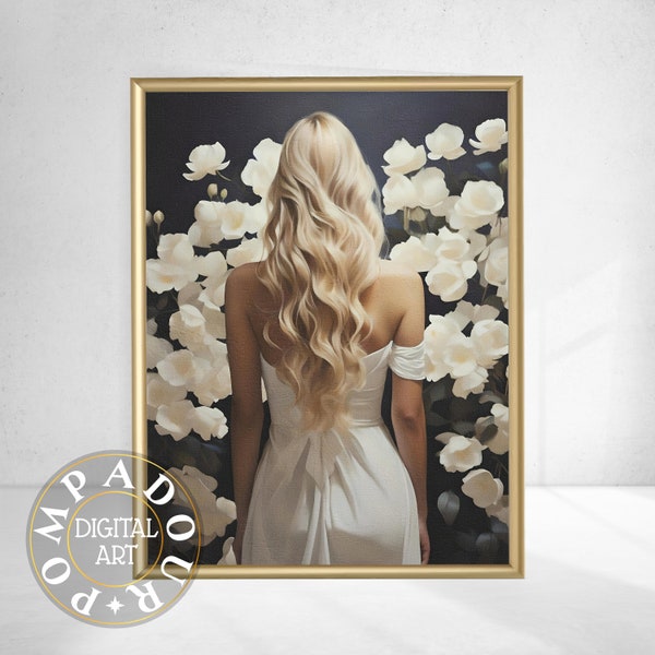 Vue arrière Femme cheveux blonds avec fleurs blanches | Impression d'art dos neutre femme | Art mural de mauvaise humeur | Art mural minimaliste tendance