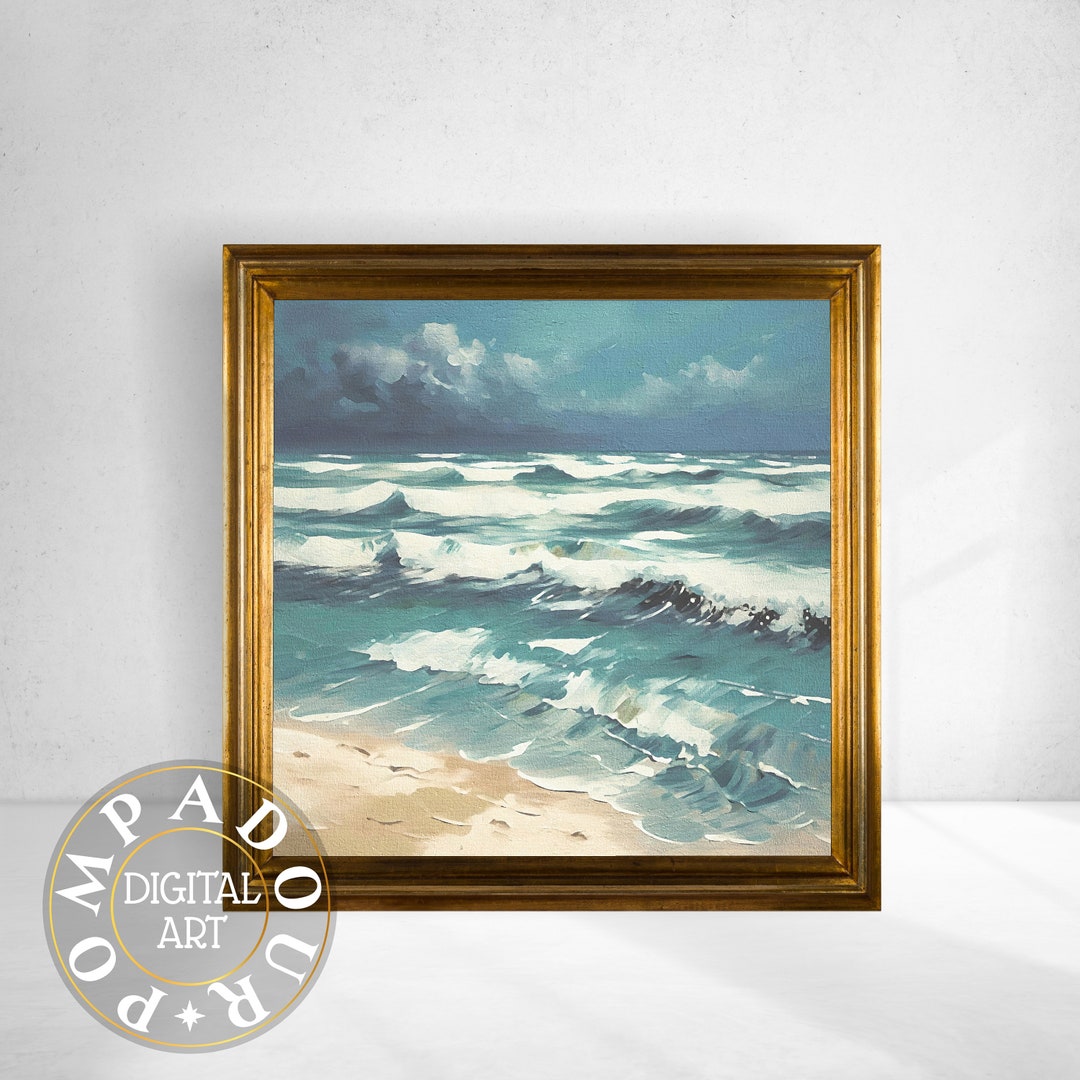 Beach Scene Printable Art Ocean Waves Printable Oil Style Painting Wall ...