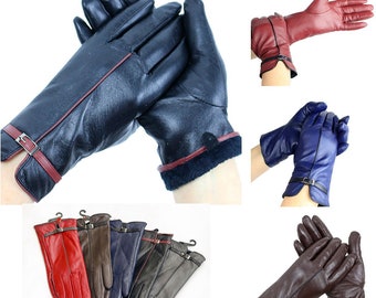 Ladies Soft Real Genuine Leather Lined Warm Winter Gloves with buckle Medium Size