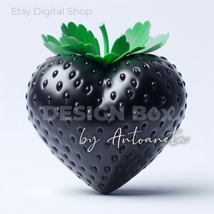 Puede incluir: Una fresa negra brillante en forma de corazón, con hojas y tallo verdes. La fruta está cubierta de pequeñas semillas oscuras. La imagen incluye el texto "DESIGN BOX by Antoaneta" y "Etsy Digital Shop".