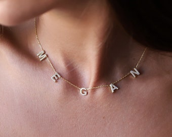 Custom Dainty Pave Initials Name Necklace Gold | Handmade Personalized Letter Jewelry | Custom Spaced Letters Necklace with CZ Diamonds