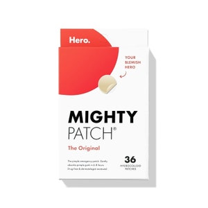 May include: A box of 36 hydrocolloid Mighty Patch acne patches. The box is red and white with the text "Mighty Patch" and "The Original". The text "Your Blemish Hero" is also on the box.