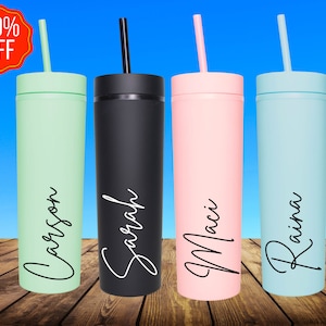 Personalized Tumbler with Straw | Girl&#39;s Trip Tumbler | Skinny Stainless Steel Cup Straw | Bridesmaid Gift | Wedding Mothers Day Cup