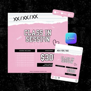 Peut inclure: Conception graphique rose et blanche pour une classe en session. Le texte indique "Classe en session" avec un prix de 30 €. Le cours comprend une liste des sujets qui seront abordés.