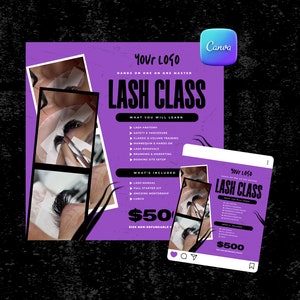 Op de afbeelding: Een paarse flyer met een zwart-witte afbeelding van handen die pincetten vasthouden. De flyer adverteert een wimpercursus voor € 50. De tekst op de flyer luidt "Uw Logo", "Hands on One on One Master", "Wimpercursus", "Wat u zult leren", "Wimperanatomie", "Veiligheid en procedure", "Klassieke en volumetraining", "Mannequin en praktijk", "Wimperverwijdering", "Branding en marketing", "Instellen van de boekingswebsite", "Wat is inbegrepen", "Wimperhandleiding", "Complete starterkit", "Doorlopende begeleiding", "Lunch", "€ 50", "Niet-restitueerbaar".