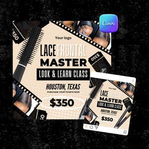 Puede incluir: Un cartel promocional beige y negro para una clase de aprendizaje "Lace Frontal Master" en Houston, Texas. El cartel presenta un cepillo de pelo negro, un precio de $ 350 y varias imágenes de mujeres con peinados de encaje frontal.