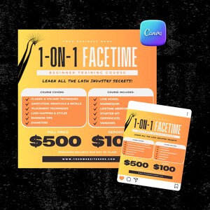 May include: An orange and yellow flyer promoting a 1-on-1 Facetime beginner training course. The flyer includes course covers and course includes, with the full price of $500 and a deposit of $10. A smaller version of the flyer is also shown.