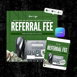 Op de afbeelding: Een groene en witte social media post met de tekst "Referral Fee" en een telefoon met geld eromheen. De post zegt "Verwijs een vriend en verdien extra geld met onze beperkte tijd aanbieding geldig vanaf nu tot 00/00/00".