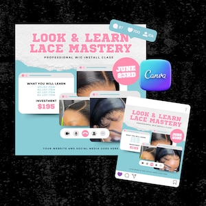 Op de afbeelding: Een social media post die reclame maakt voor een "Look & Learn Lace Mastery" cursus. De post heeft een blauw en roze kleurenschema met een foto van een vrouw haar. De tekst bevat de datum "juni 23rd" en de prijs "€ 195".