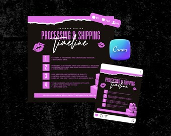 May include: A pink and black graphic with the text "PROCESSING & SHIPPING Timeline" and a step-by-step timeline of the order process. The graphic includes a pink lip design and a black box with the text "Canva".