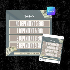 Puede incluir: Una publicación de redes sociales con un fondo gris y un gráfico de billetes de dólar. El texto dice "No Dependent 5,000", "1 Dependent 6,000", "2 Dependent 8,600" y "3 Dependent 9,400". La publicación también incluye el texto "Contact Us Now" y una dirección de sitio web.
