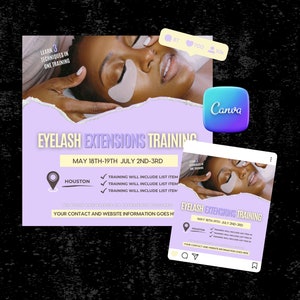 Op de afbeelding: Een paarse en witte flyer die een opleiding voor wimperextensions in Houston, Texas, adverteert. De flyer bevat de data 18-19 mei en 2-3 juli. De flyer bevat ook de tekst "Leer 3 technieken in één training".
