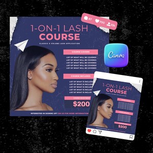 Op de afbeelding: Een promotionele afbeelding voor een wimpercursus, met een vrouw met lange wimpers. Het ontwerp bevat de tekst: "1-ON-1 LASH COURSE" en details over de cursusinhoud en investering. Een kleinere versie wordt ook getoond.