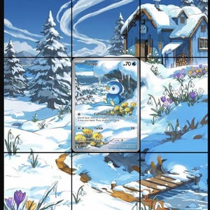 Op de afbeelding: Een ruilkaart met het blauwe pinguinachtige personage Piplup met 70 HP, met de tekst Call for Support en Tackle. De kaartillustratie toont Piplup zittend in een besneeuwd landschap met gele bloemen, tegen een winterse achtergrond.