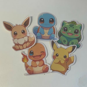 May include: Five colourful stickers featuring cartoon characters. The stickers include a brown and white Eevee, a blue Squirtle, a green Bulbasaur, an orange Charmander, and a yellow Pikachu. The stickers are on a white background.