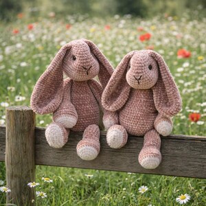 Op de afbeelding: Twee roze pluche konijnen met lange oren en witte accenten op hun voeten en buik zitten op een houten hek. De konijnen zijn gehaakt en hebben zwart gestikte gezichtskenmerken. De achtergrond is een veld met wilde bloemen.