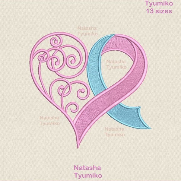 Blue and pink ribbon machine embroidery design breast cancer awareness ribbon embroidery pattern, cerebral palsy ribbon embroidery, 13 sizes