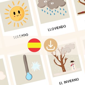 Flashcards educacionais em espanhol 24 flashcards WEATHER para crianças que estudam em casa - download digital