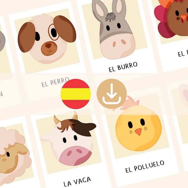 Educational flashcards in SPANISH Language FARM ANIMAL Flashcards for Homeschooling Toddlers - Digital Download