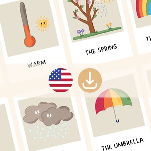 Flashcards educacionais em inglês 24 flashcards WEATHER para crianças que estudam em casa - download digital