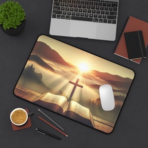 Sunset, Cross and Bible Christian Designed desk Mat for Office Decor Workspace.