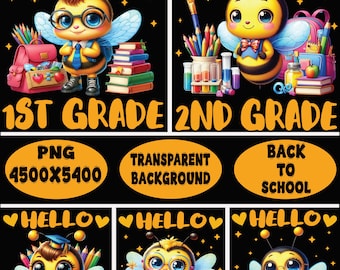 Hello Grade Biene PNG Bundle | Niedliche Back to School Bee Sublimation 1st-5th grade | Kawaii Biene Schüler Lehrer Clipart | Schule für PNG Schule