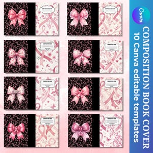 Puede incluir: Una colección de portadas de cuadernos de composición con varios diseños. Cada portada presenta un lazo rosa sobre un fondo negro, un diseño de cinta rosa y el texto "COMPOSITION BOOK". También se ve el texto "10 Canva editable templates".