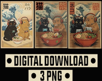Katze und Capybara Gamer Essen Ramen PNG Bundle, Japanische Ukiyo-e Stil Kunst, Gamer Tiere PNG, Ramen Anime Art, digitaler Download