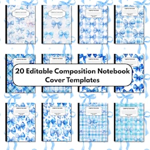 Puede incluir: Una colección de cuadernos de composición con varios diseños de lazo azul. Los cuadernos tienen lomos negros y etiquetas blancas que dicen "Composition Book". La imagen también incluye el texto "20 Editable Composition Notebook Cover Templates."