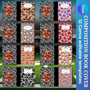 Pode incluir: Doze capas de cadernos de composição com designs temáticos de futebol americano. As capas apresentam vários padrões, incluindo bolas de futebol, um laço em forma de bola de futebol e um padrão salpicado em preto e branco. O texto "COMPOSITION BOOK COVER" é visível.