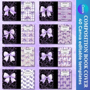 Puede incluir: Una colección de portadas de cuadernos de composición con un diseño de lazo morado. Las portadas presentan una variedad de patrones, incluyendo lazos, rayas y cuadros, sobre fondos en blanco y negro. El texto "COMPOSITION BOOK COVER" es visible.