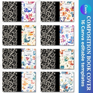 Puede incluir: Una colección de portadas de cuadernos de composición con varias ilustraciones de dragones. Cada portada presenta un patrón en blanco y negro en el lado izquierdo y un diseño de dragón colorido en el lado derecho. El texto "COMPOSITION BOOK COVER" es visible.