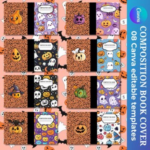 Puede incluir: Una colección de ocho portadas de cuadernos de composición con temática de Halloween. Cada portada presenta un diseño único con calabazas, fantasmas y murciélagos. Las portadas tienen un fondo naranja moteado y un lomo negro. El texto "COMPOSITION BOOK" es visible.