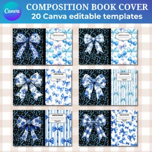 Puede incluir: Una colección de portadas de cuadernos de composición con varios diseños de lazos azules. Algunas portadas presentan patrones florales, cuadros o fondos a rayas. El texto "COMPOSITION BOOK COVER" y "20 Canva editable templates" es visible.