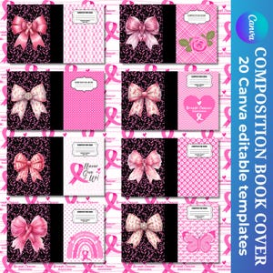 Peut inclure: Plusieurs couvertures de cahiers de composition avec des motifs roses et noirs. Les couvertures présentent des nœuds, des pois, des cœurs et des rubans, avec le texte "Breast Cancer Awareness" et "Never Give Up!" Le logo Canva est visible.