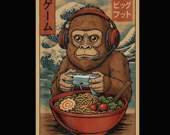 Süßer Kawaii Big Foot Gamer, der Ramen isst PNG, Japanische Kunst im Ukiyo-e-Stil, Gamer Tier PNG, Sasquatch Ramen Anime Art, digitaler Download